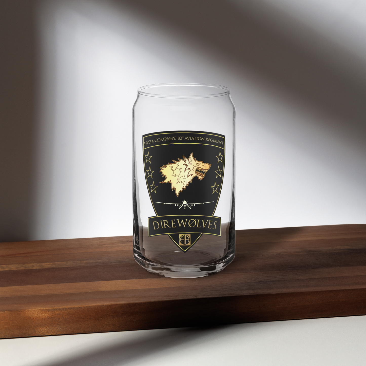 Delta Company, 82nd Aviation Regiment Direwolves Can Shaped Glass